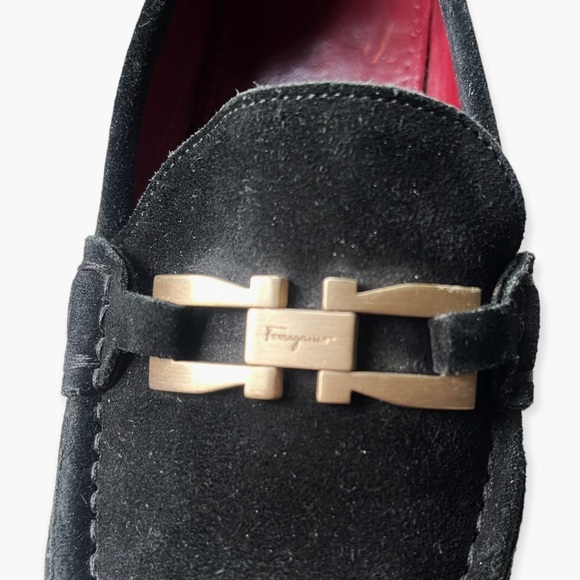 Salvatore Ferragamo Sport Black Suede Leather Loafers with Gold Buckle –Size 8.5 - Picture 4 of 16